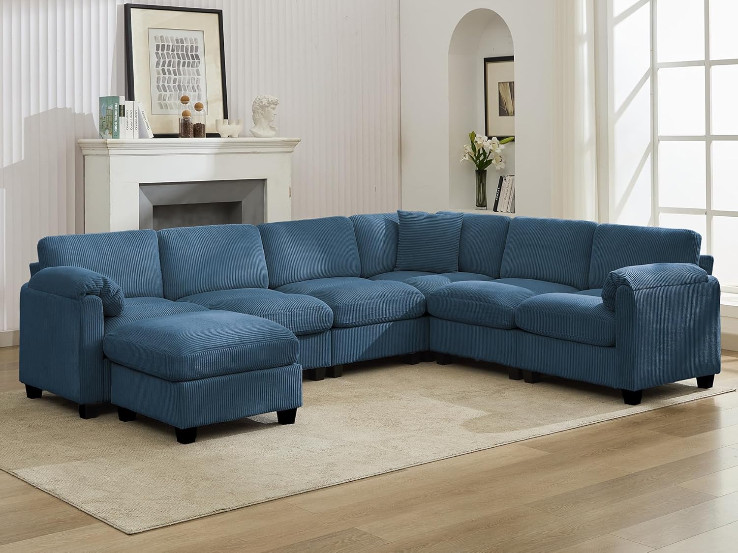 Shaped Modular Sectional Cloud Couch, Comfy Corduroy 4 Seater Sofa with Curved Armrest, Modern Deep Seat Modular Sofa for Living Room (Yellow, 3 Seat+1 Corner+1 Ottoman)