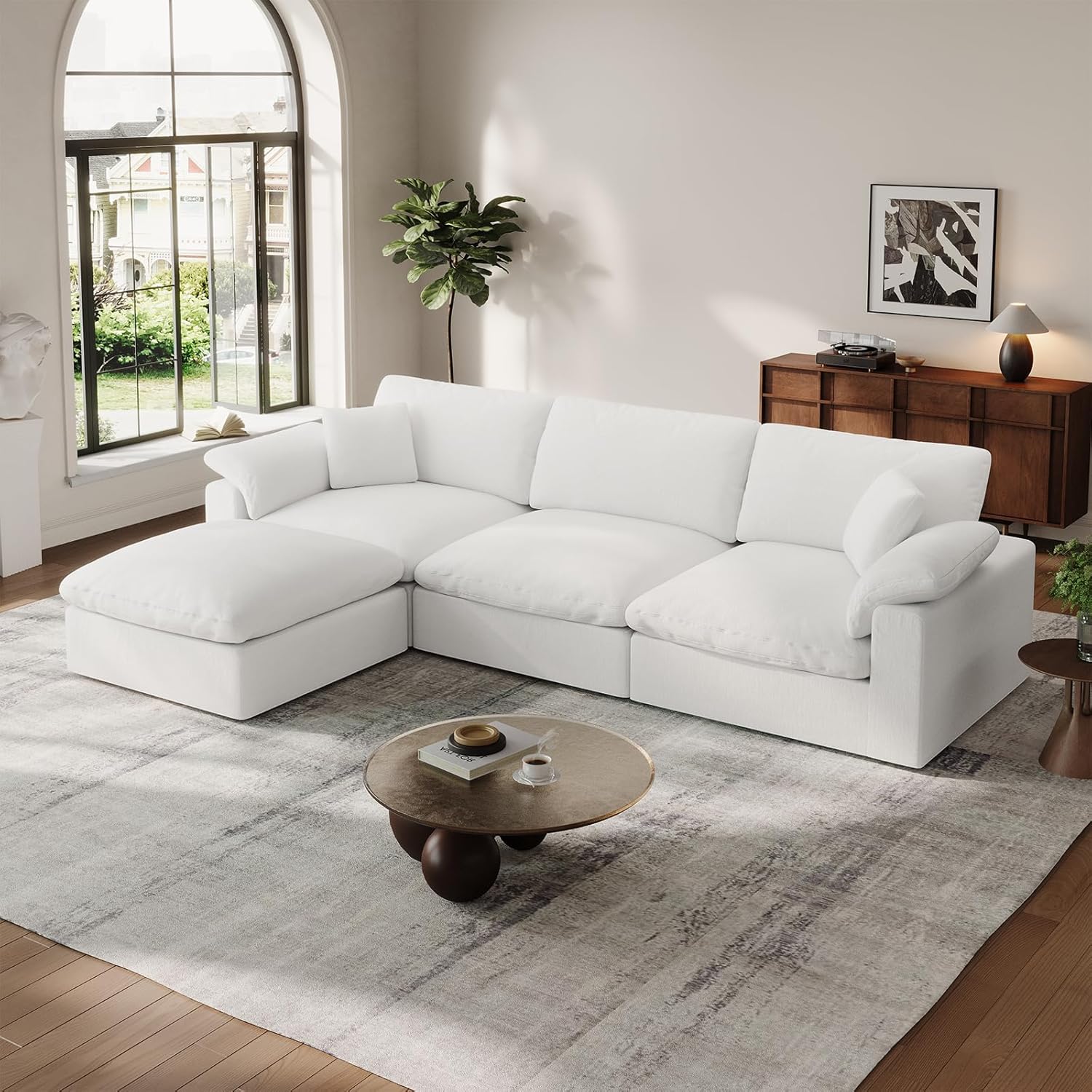 Cloud Modular Couch for Living Room,L Shape Linen Blend Sofas,Modern Deep Seat Cloud Sofas,Convertible Comfort Down Filled Sectional Couches,Removable Washable Cushion Covers,Light Biege