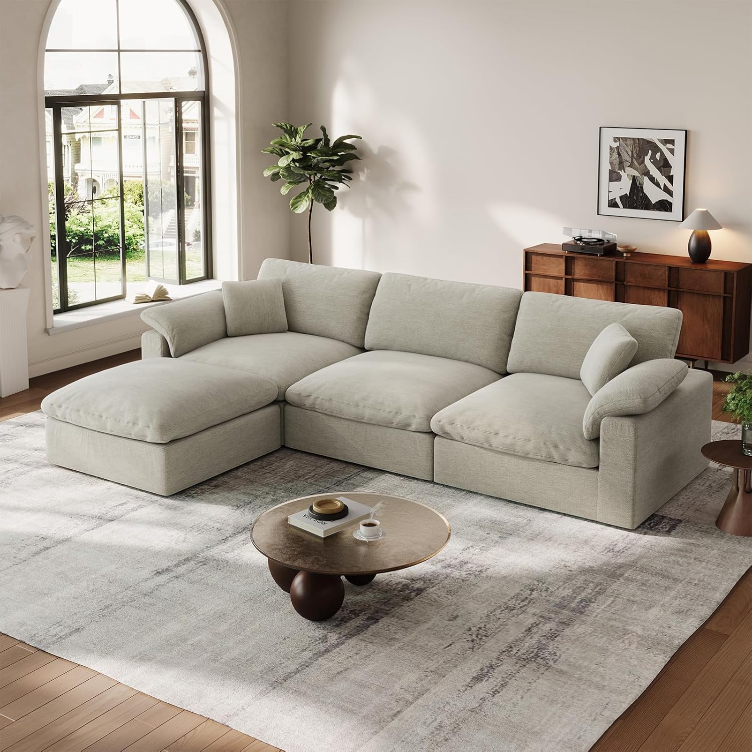 Cloud Modular Couch for Living Room,L Shape Linen Blend Sofas,Modern Deep Seat Cloud Sofas,Convertible Comfort Down Filled Sectional Couches,Removable Washable Cushion Covers,Light Biege