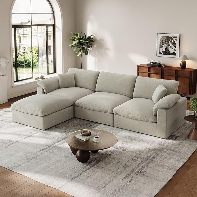 Cloud Modular Couch for Living Room,L Shape Linen Blend Sofas,Modern Deep Seat Cloud Sofas,Convertible Comfort Down Filled Sectional Couches,Removable Washable Cushion Covers,Light Biege