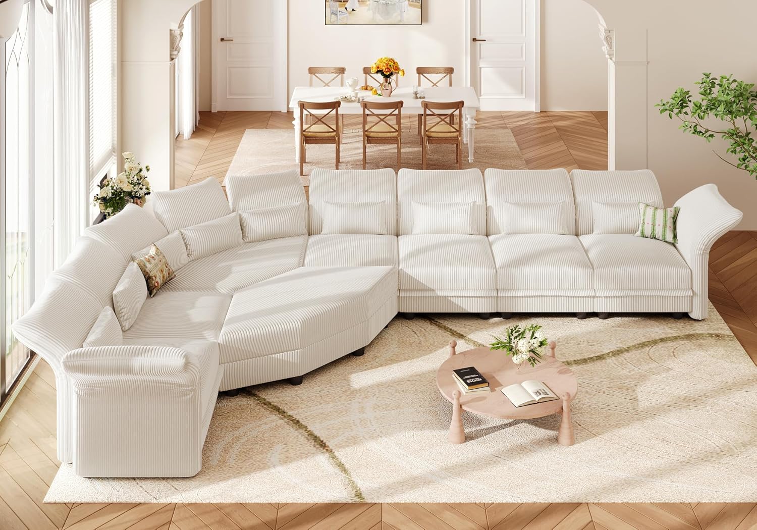 Shaped Modular Sectional Sofa with Storage & 6-Side Deep Seat, 5 Piece Corner Sectional Couches for Living Room with Adjustable Armrest Backrest, Khaki Chenille