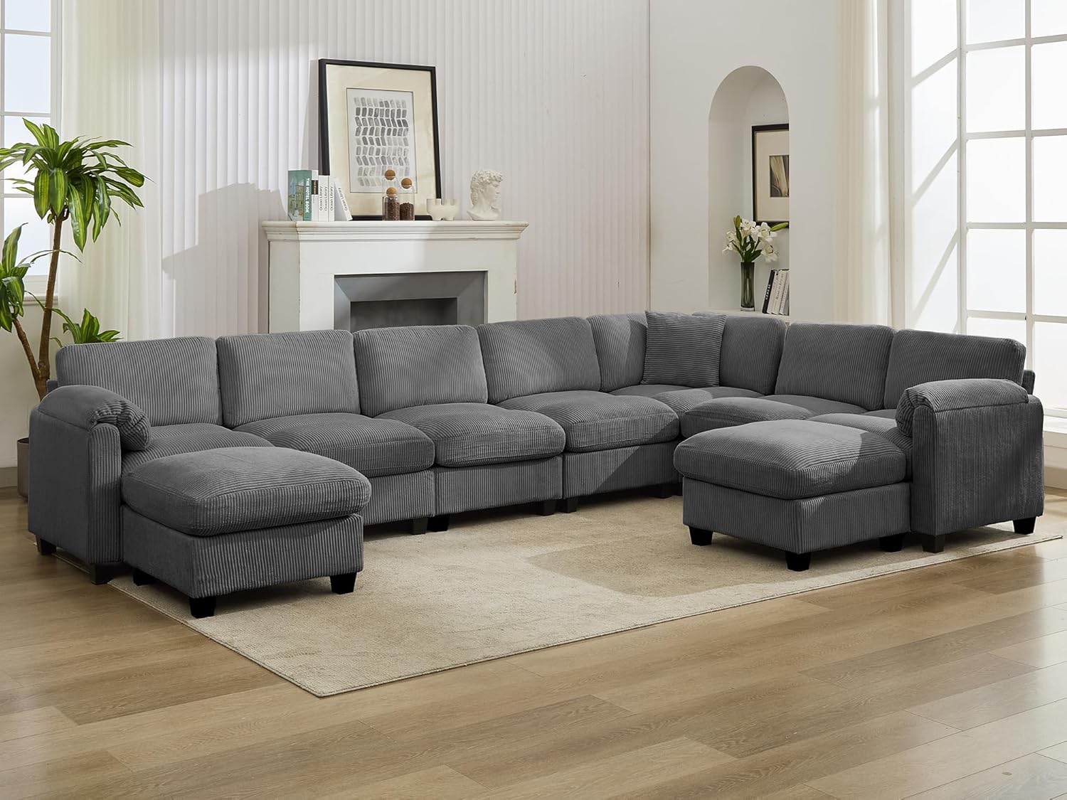 Shaped Modular Sectional Cloud Couch, Comfy Corduroy 4 Seater Sofa with Curved Armrest, Modern Deep Seat Modular Sofa for Living Room (Yellow, 3 Seat+1 Corner+1 Ottoman)