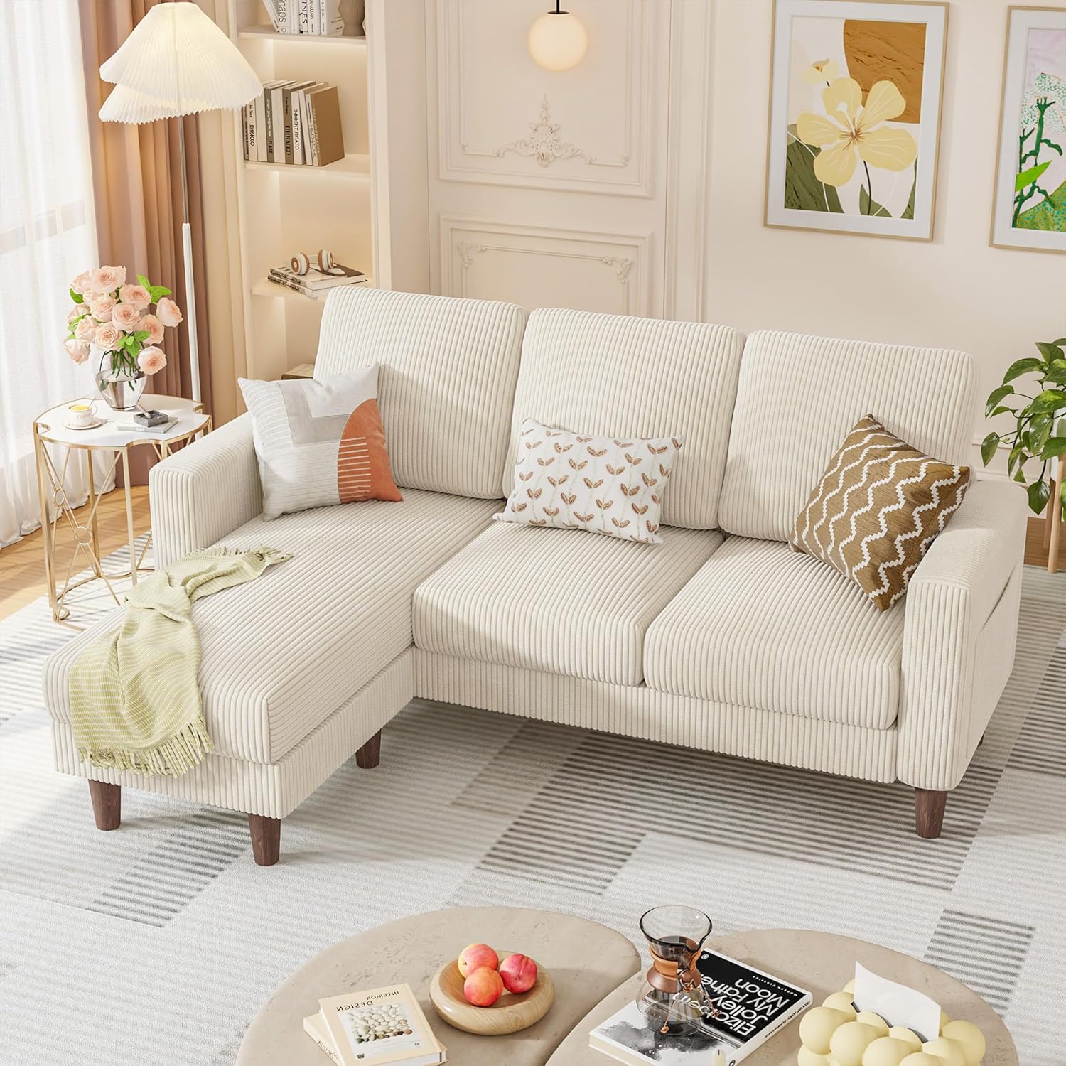 Convertible Couches for Living Room, Comfy 3 Seat L Shaped Couch with Removable Ottoman, Small Sectional Sofa with Side Storage Pocket for Apartment and Office (Linen Fabric, Brown)