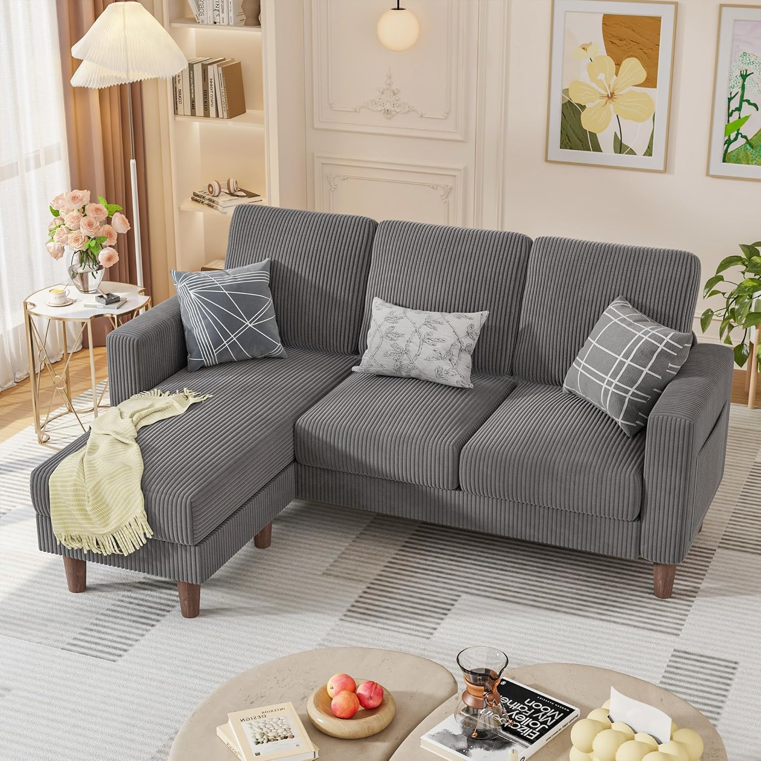 Convertible Couches for Living Room, Comfy 3 Seat L Shaped Couch with Removable Ottoman, Small Sectional Sofa with Side Storage Pocket for Apartment and Office (Linen Fabric, Brown)