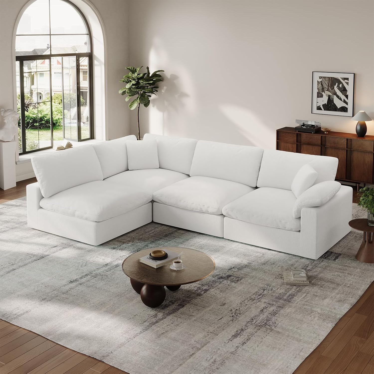 Cloud Modular Couch for Living Room,L Shape Linen Blend Sofas,Modern Deep Seat Cloud Sofas,Convertible Comfort Down Filled Sectional Couches,Removable Washable Cushion Covers,Light Biege