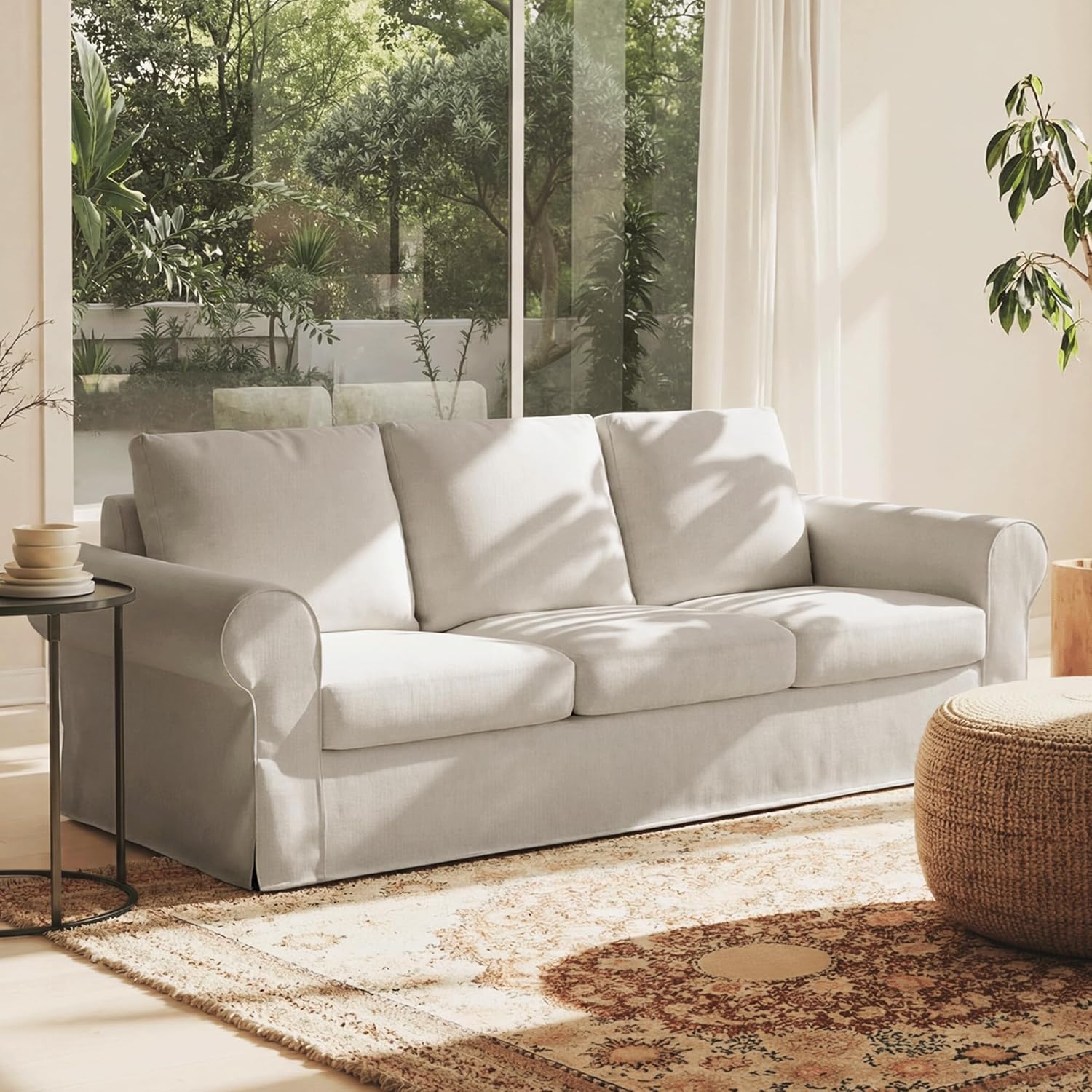 89" 3 Seater Sofa for Living Room, Deep Seated Comfy Couch with High Back Support, Removable Washable Linen Slipcover, Modern Farmhouse Style Rolled-Arm Beige Sofa