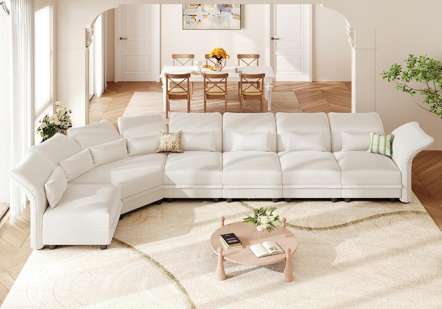 Shaped Modular Sectional Sofa with Storage & 6-Side Deep Seat, 5 Piece Corner Sectional Couches for Living Room with Adjustable Armrest Backrest, Khaki Chenille