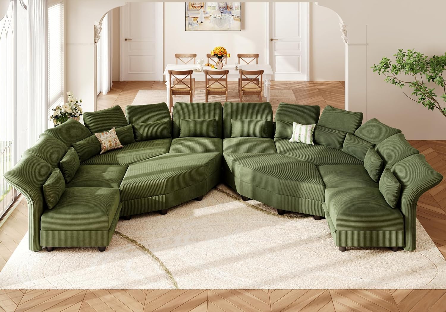 Shaped Modular Sectional Sofa with Storage & 6-Side Deep Seat, 5 Piece Corner Sectional Couches for Living Room with Adjustable Armrest Backrest, Khaki Chenille