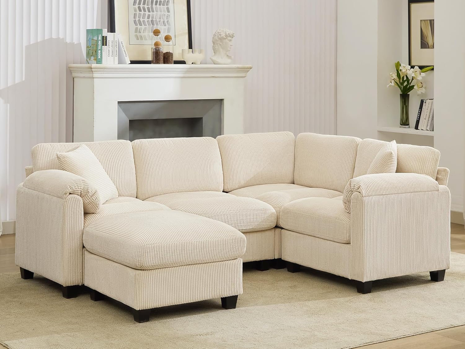 Shaped Modular Sectional Cloud Couch, Comfy Corduroy 4 Seater Sofa with Curved Armrest, Modern Deep Seat Modular Sofa for Living Room (Yellow, 3 Seat+1 Corner+1 Ottoman)