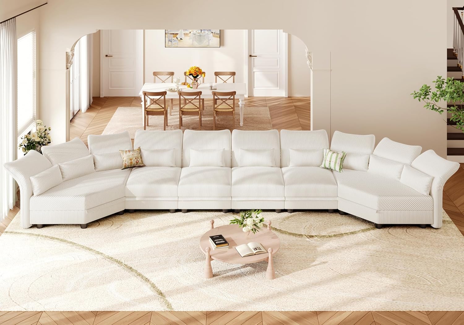 Shaped Modular Sectional Sofa with Storage & 6-Side Deep Seat, 5 Piece Corner Sectional Couches for Living Room with Adjustable Armrest Backrest, Khaki Chenille