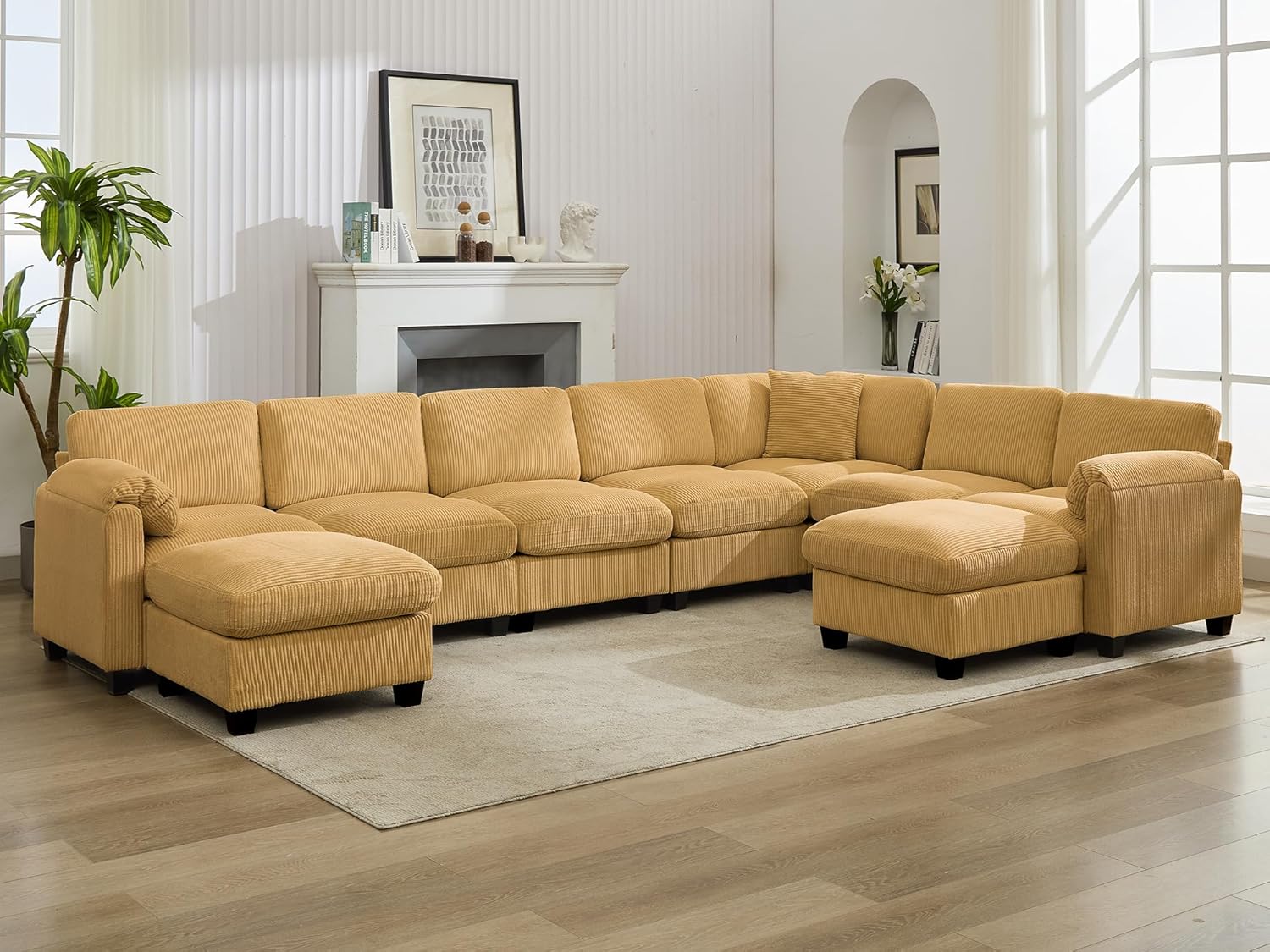 Shaped Modular Sectional Cloud Couch, Comfy Corduroy 4 Seater Sofa with Curved Armrest, Modern Deep Seat Modular Sofa for Living Room (Yellow, 3 Seat+1 Corner+1 Ottoman)