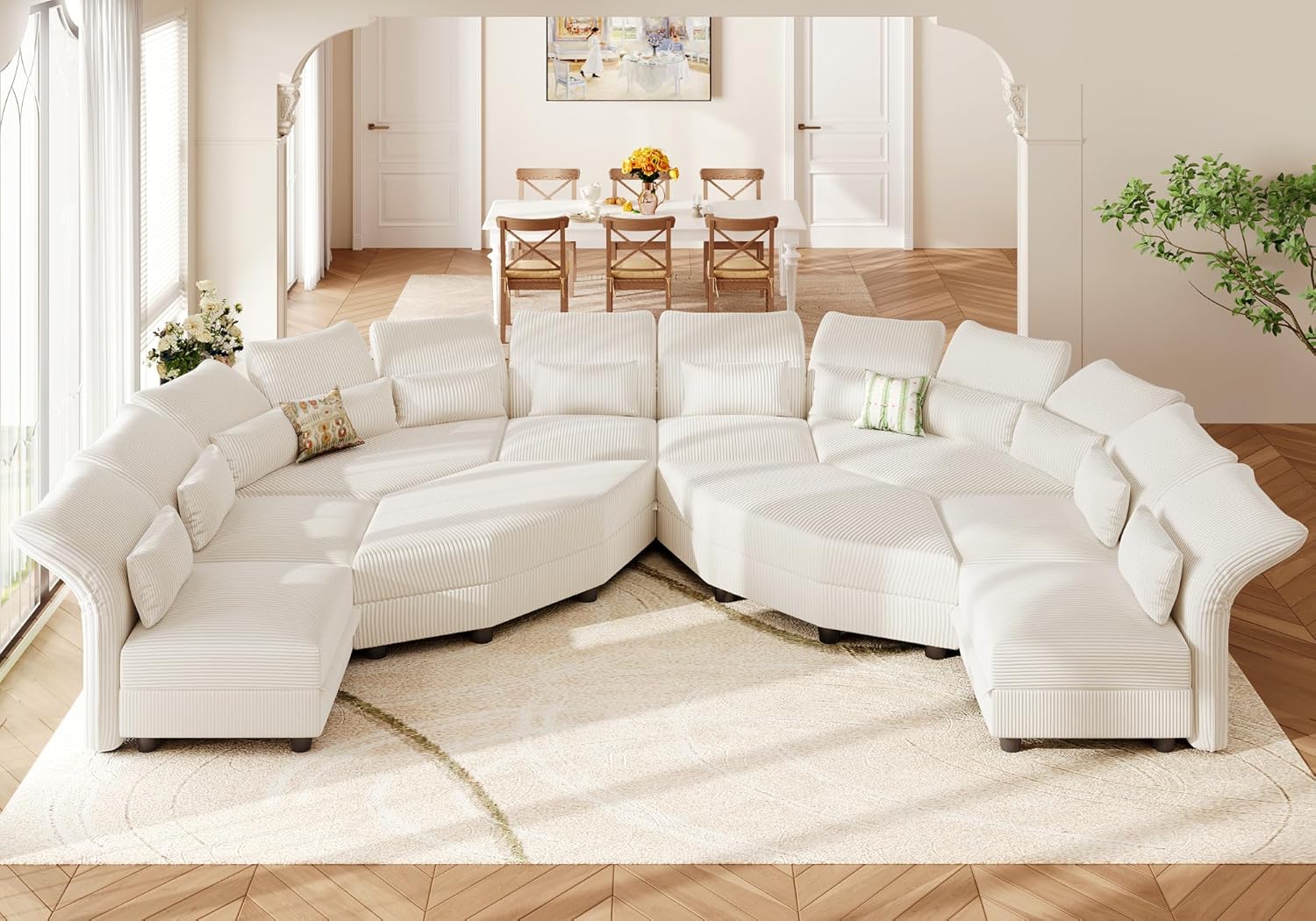 Shaped Modular Sectional Sofa with Storage & 6-Side Deep Seat, 5 Piece Corner Sectional Couches for Living Room with Adjustable Armrest Backrest, Khaki Chenille