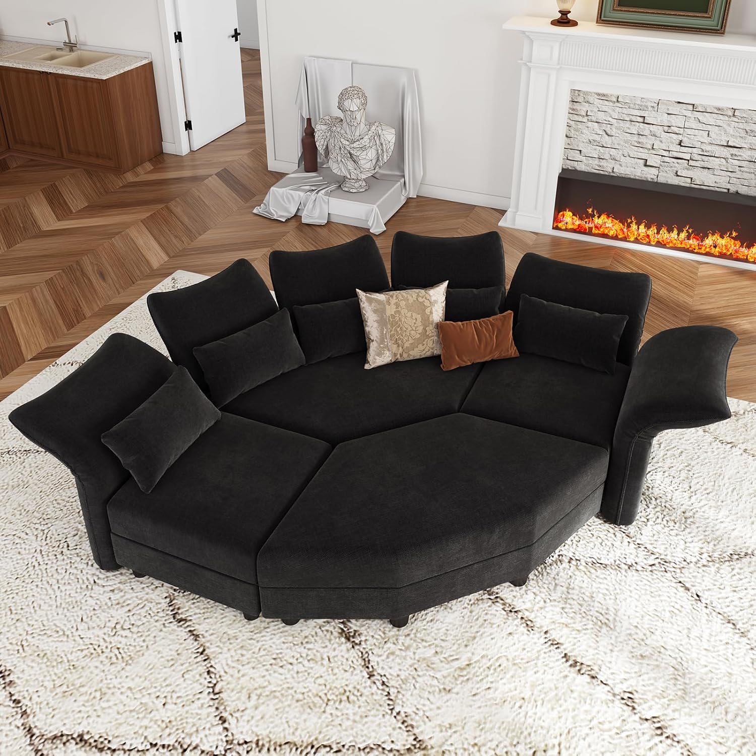 Shaped Modular Sectional Sofa with Storage & 6-Side Deep Seat, 5 Piece Corner Sectional Couches for Living Room with Adjustable Armrest Backrest, Khaki Chenille