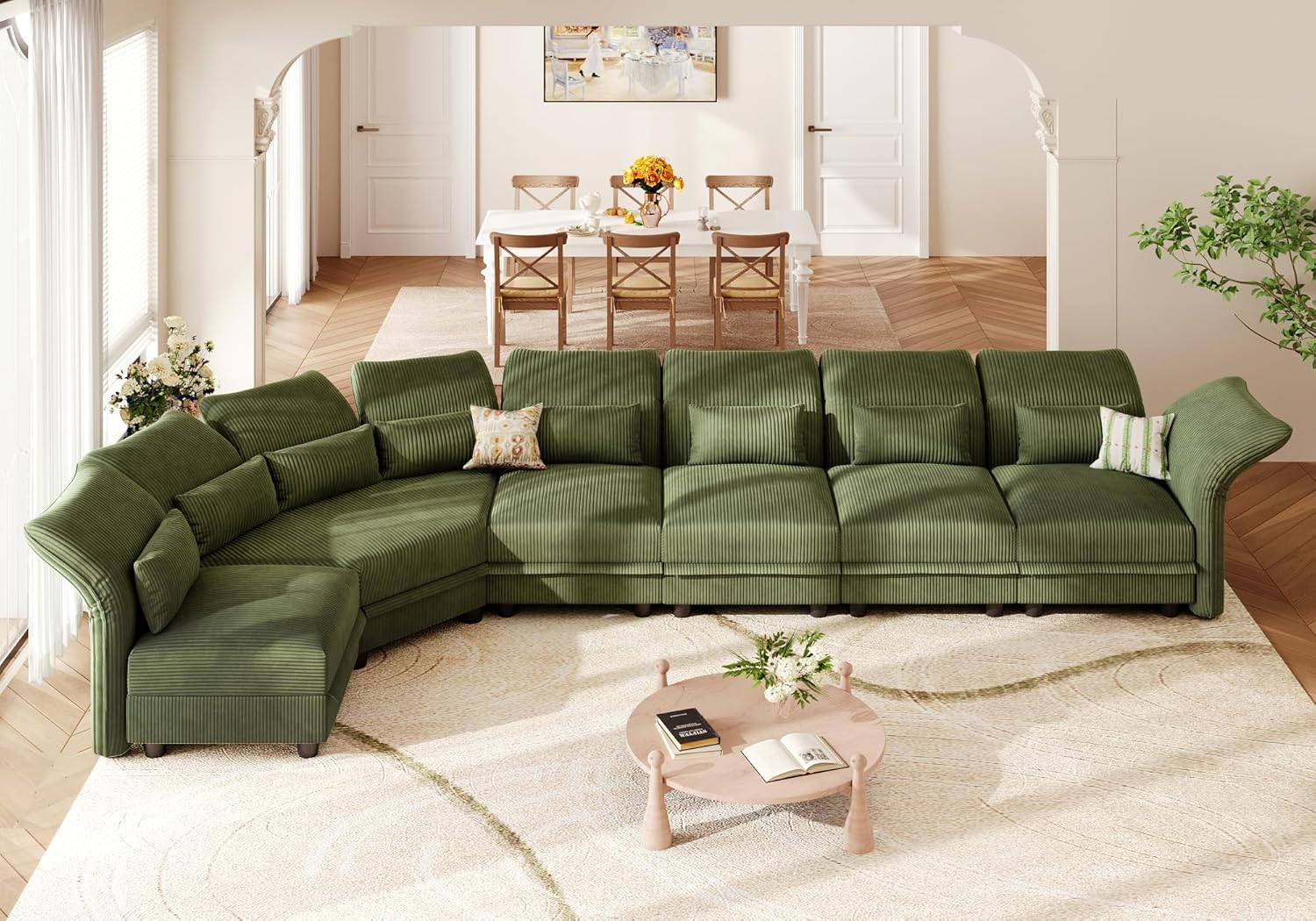 Shaped Modular Sectional Sofa with Storage & 6-Side Deep Seat, 5 Piece Corner Sectional Couches for Living Room with Adjustable Armrest Backrest, Khaki Chenille