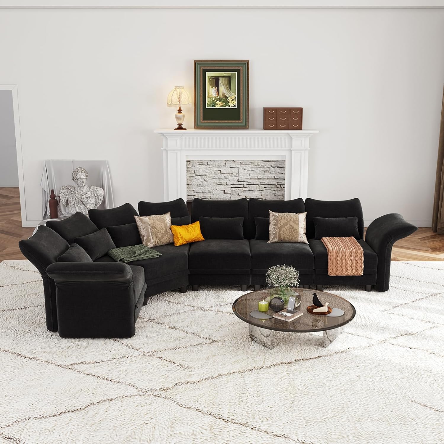 Shaped Modular Sectional Sofa with Storage & 6-Side Deep Seat, 5 Piece Corner Sectional Couches for Living Room with Adjustable Armrest Backrest, Khaki Chenille