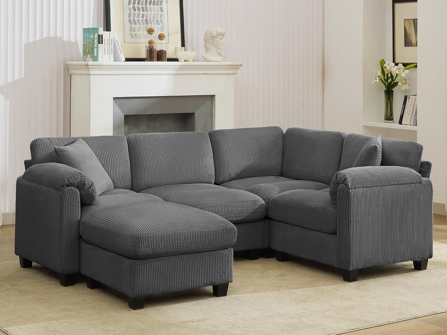 Shaped Modular Sectional Cloud Couch, Comfy Corduroy 4 Seater Sofa with Curved Armrest, Modern Deep Seat Modular Sofa for Living Room (Yellow, 3 Seat+1 Corner+1 Ottoman)