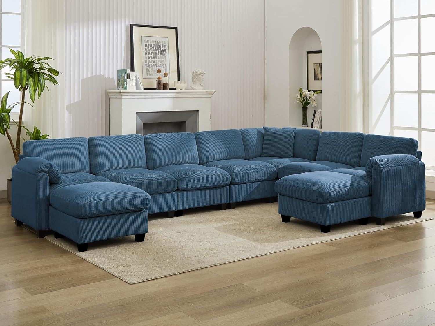 Shaped Modular Sectional Cloud Couch, Comfy Corduroy 4 Seater Sofa with Curved Armrest, Modern Deep Seat Modular Sofa for Living Room (Yellow, 3 Seat+1 Corner+1 Ottoman)