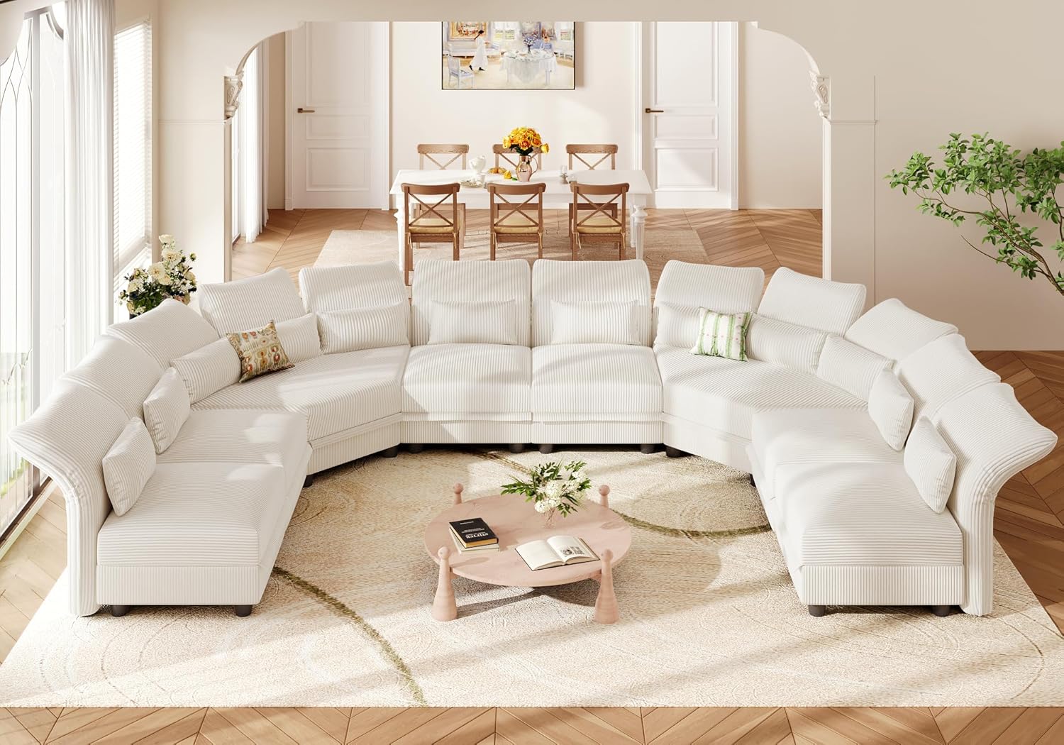 Shaped Modular Sectional Sofa with Storage & 6-Side Deep Seat, 5 Piece Corner Sectional Couches for Living Room with Adjustable Armrest Backrest, Khaki Chenille