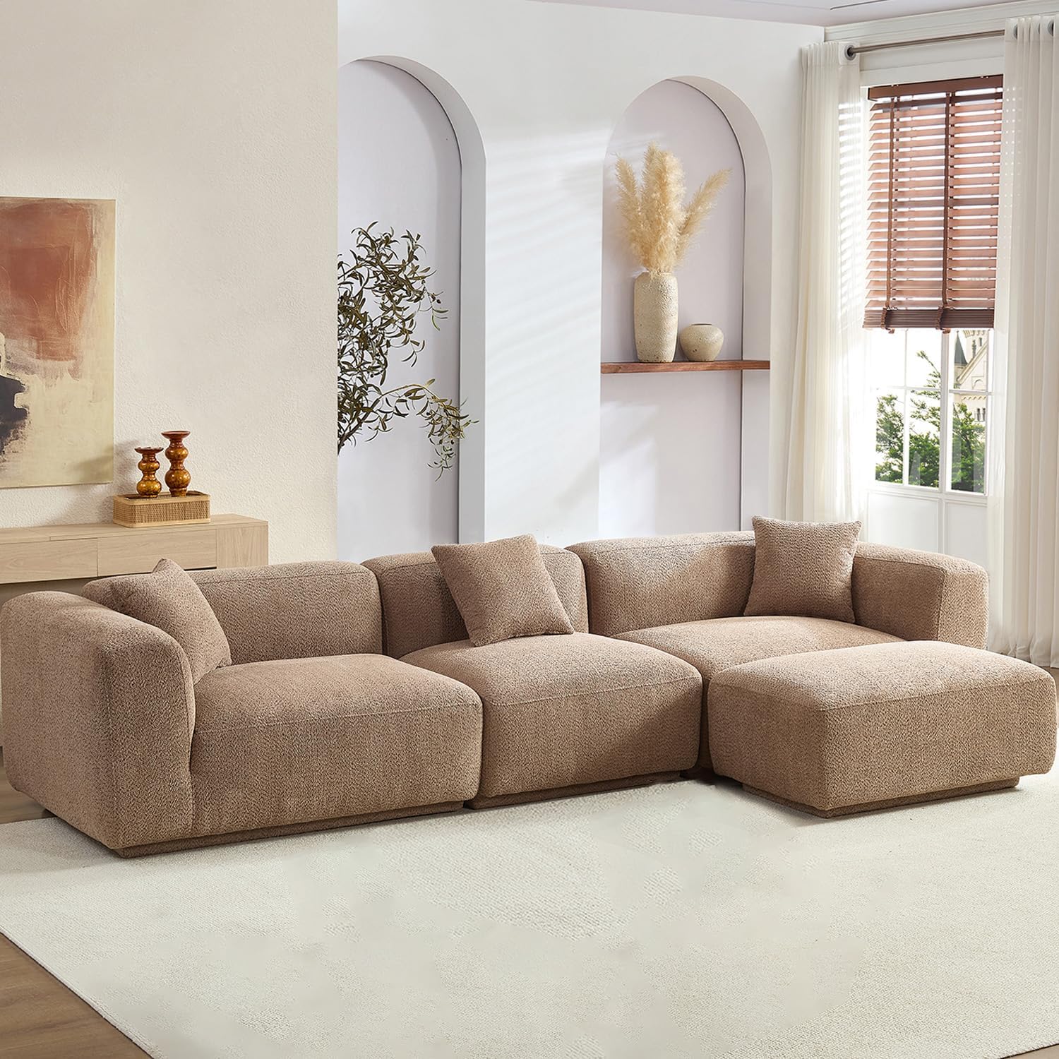 125” Luxury Modular Sectional Couches for Living Room, Modern Minimalist Style Sofa with Ottoman Chaise, Curved L Shape Sofa, Oversized Boucle Fabric Sofas, Camel