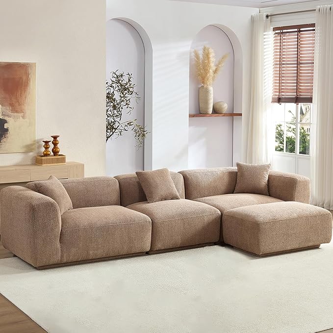 125” Luxury Modular Sectional Couches for Living Room, Modern Minimalist Style Sofa with Ottoman Chaise, Curved L Shape Sofa, Oversized Boucle Fabric Sofas, Camel