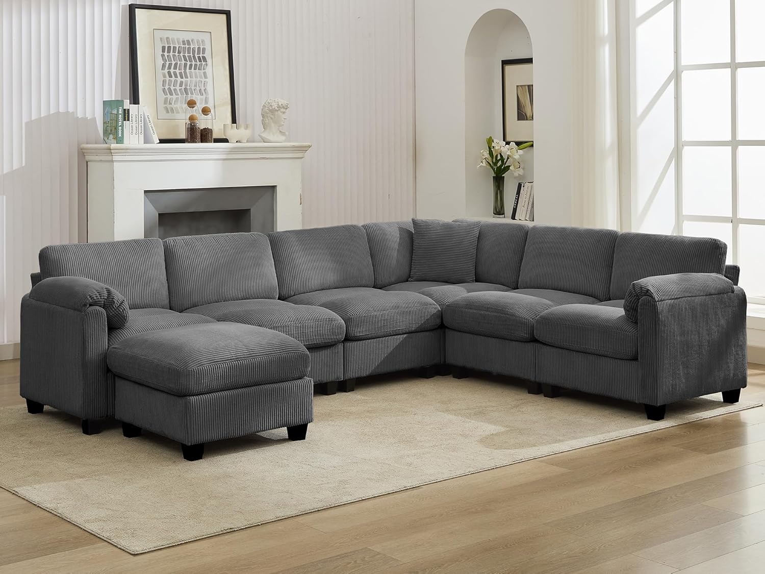 Shaped Modular Sectional Cloud Couch, Comfy Corduroy 4 Seater Sofa with Curved Armrest, Modern Deep Seat Modular Sofa for Living Room (Yellow, 3 Seat+1 Corner+1 Ottoman)