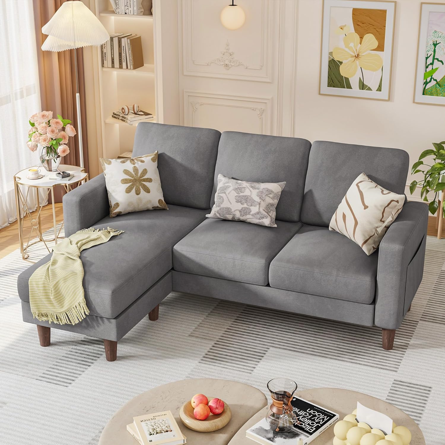 Convertible Couches for Living Room, Comfy 3 Seat L Shaped Couch with Removable Ottoman, Small Sectional Sofa with Side Storage Pocket for Apartment and Office (Linen Fabric, Brown)