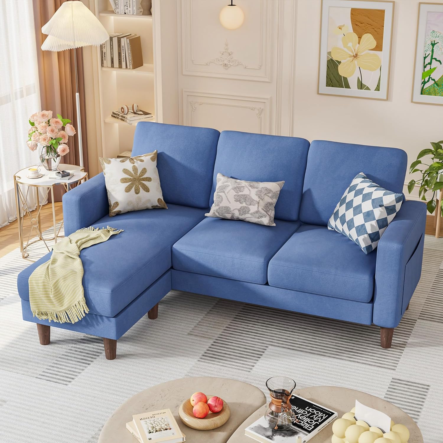 Convertible Couches for Living Room, Comfy 3 Seat L Shaped Couch with Removable Ottoman, Small Sectional Sofa with Side Storage Pocket for Apartment and Office (Linen Fabric, Brown)