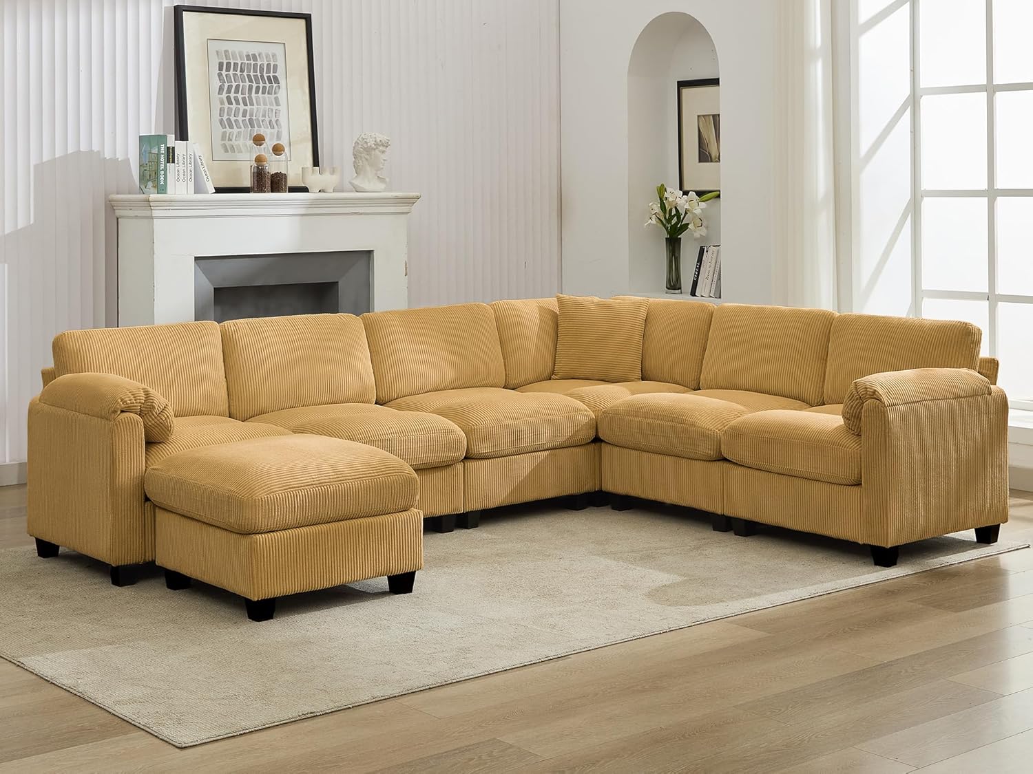 Shaped Modular Sectional Cloud Couch, Comfy Corduroy 4 Seater Sofa with Curved Armrest, Modern Deep Seat Modular Sofa for Living Room (Yellow, 3 Seat+1 Corner+1 Ottoman)