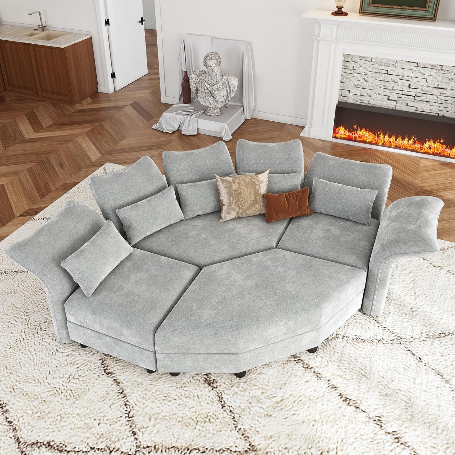 Shaped Modular Sectional Sofa with Storage & 6-Side Deep Seat, 5 Piece Corner Sectional Couches for Living Room with Adjustable Armrest Backrest, Khaki Chenille