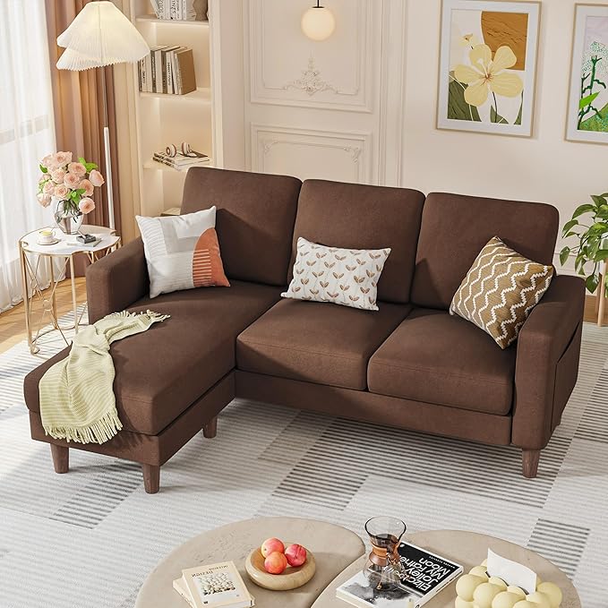 Convertible Couches for Living Room, Comfy 3 Seat L Shaped Couch with Removable Ottoman, Small Sectional Sofa with Side Storage Pocket for Apartment and Office (Linen Fabric, Brown)