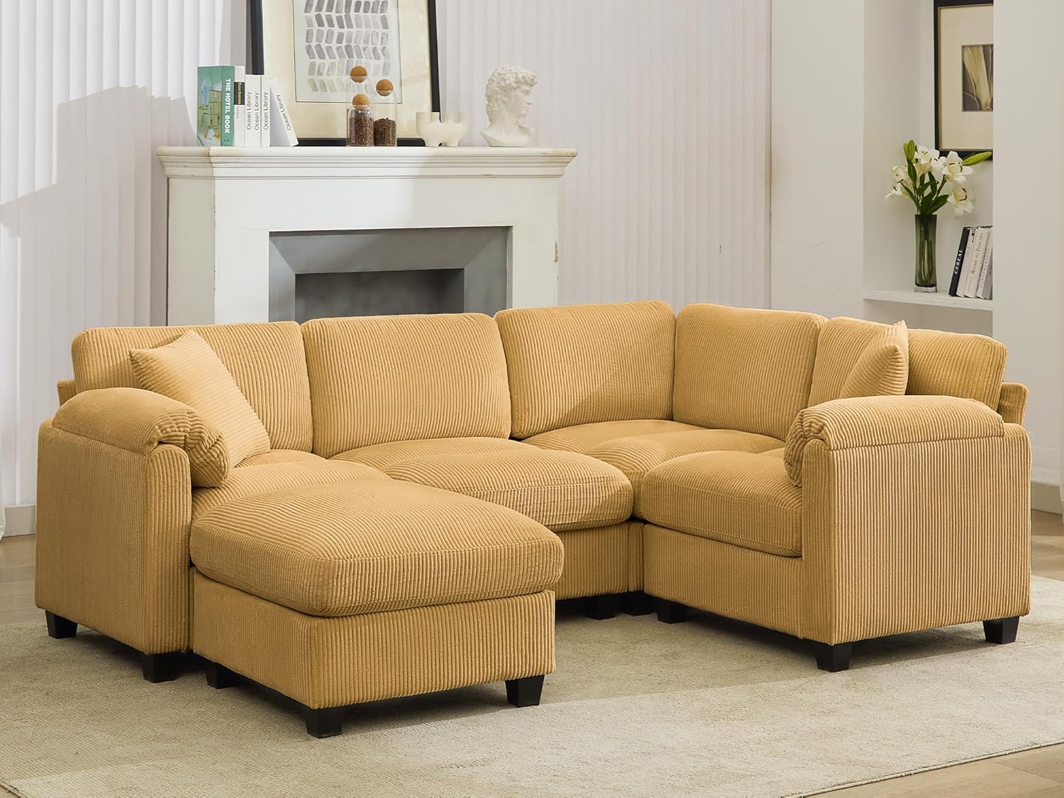Shaped Modular Sectional Cloud Couch, Comfy Corduroy 4 Seater Sofa with Curved Armrest, Modern Deep Seat Modular Sofa for Living Room (Yellow, 3 Seat+1 Corner+1 Ottoman)