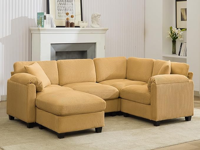 Shaped Modular Sectional Cloud Couch, Comfy Corduroy 4 Seater Sofa with Curved Armrest, Modern Deep Seat Modular Sofa for Living Room (Yellow, 3 Seat+1 Corner+1 Ottoman)