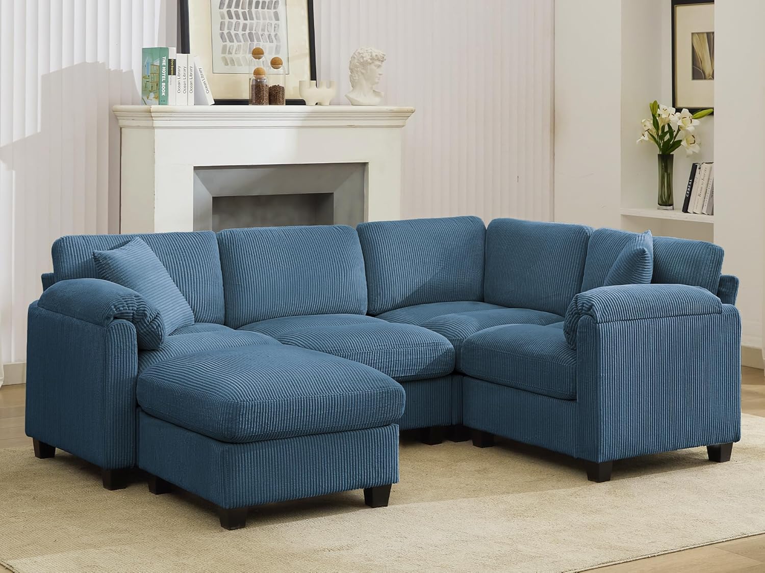 Shaped Modular Sectional Cloud Couch, Comfy Corduroy 4 Seater Sofa with Curved Armrest, Modern Deep Seat Modular Sofa for Living Room (Yellow, 3 Seat+1 Corner+1 Ottoman)