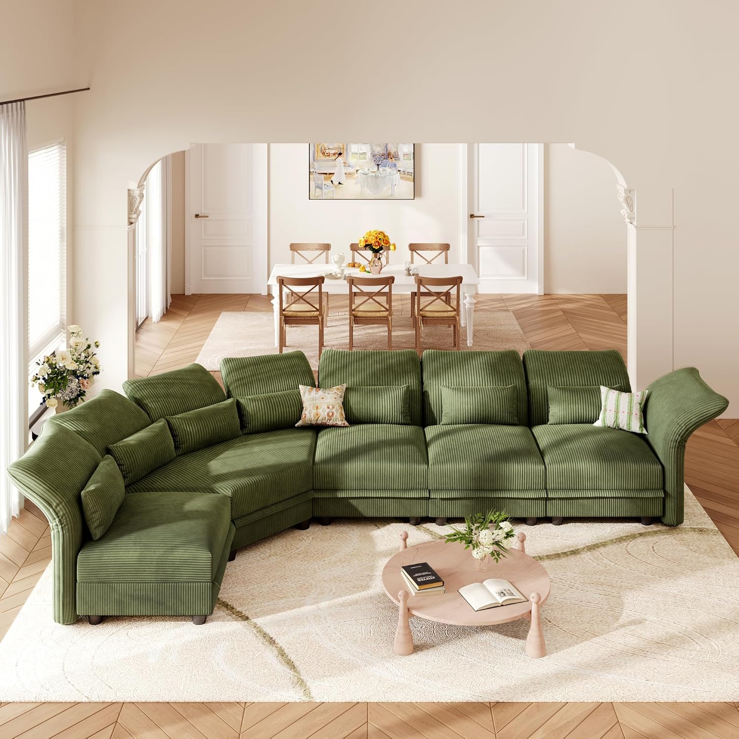 Shaped Modular Sectional Sofa with Storage & 6-Side Deep Seat, 5 Piece Corner Sectional Couches for Living Room with Adjustable Armrest Backrest, Khaki Chenille