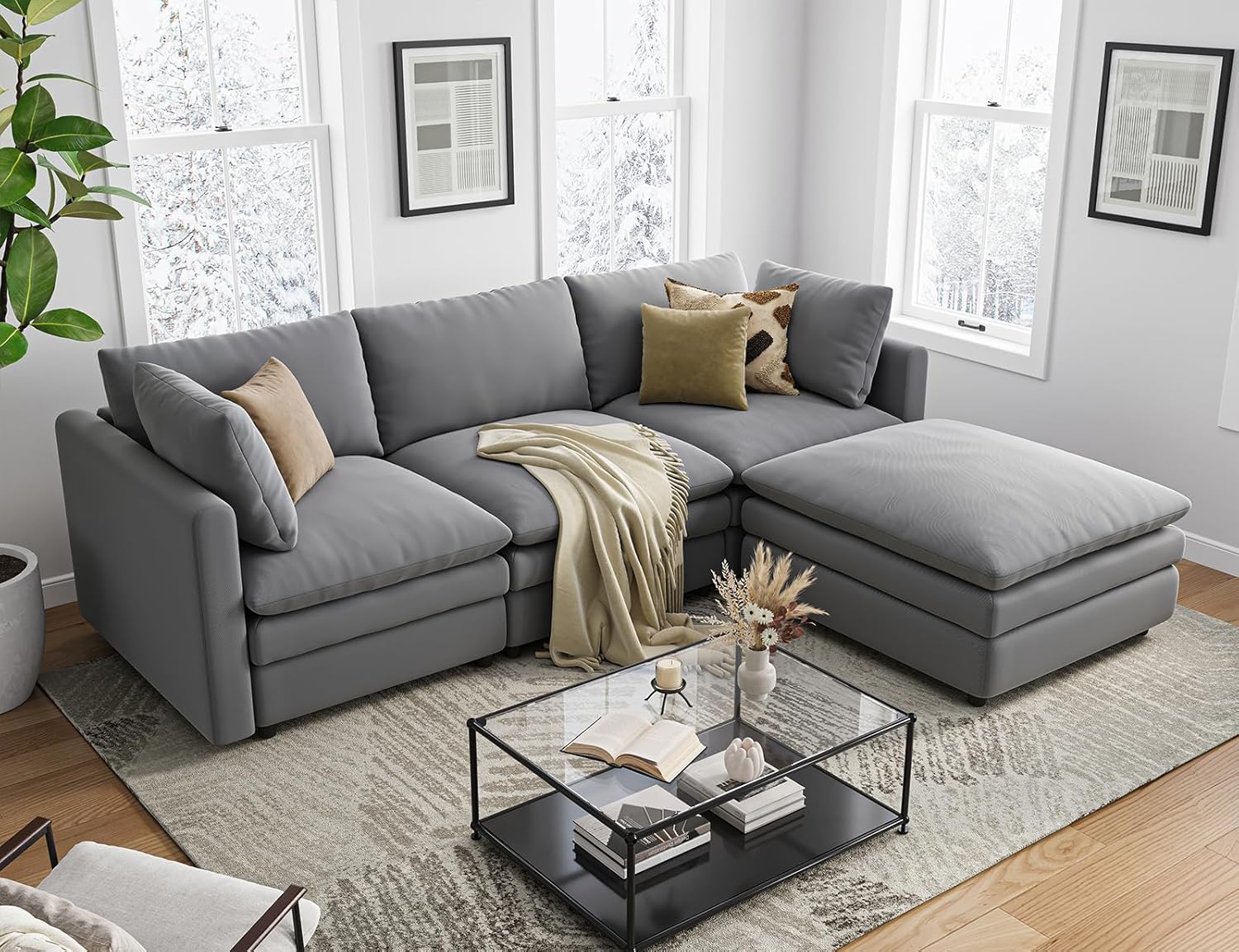Cloud Couches for Living Room L Shaped Sectional Couch with Ottoman Deep Plush 4 Seats Sofa Modern Sofa for Apartment
