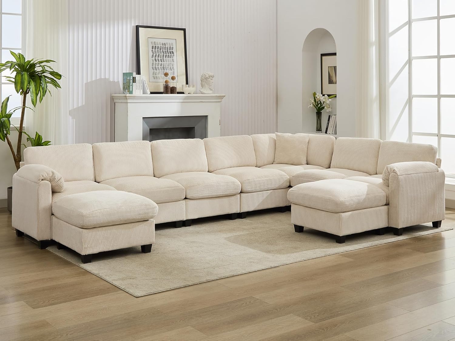 Shaped Modular Sectional Cloud Couch, Comfy Corduroy 4 Seater Sofa with Curved Armrest, Modern Deep Seat Modular Sofa for Living Room (Yellow, 3 Seat+1 Corner+1 Ottoman)