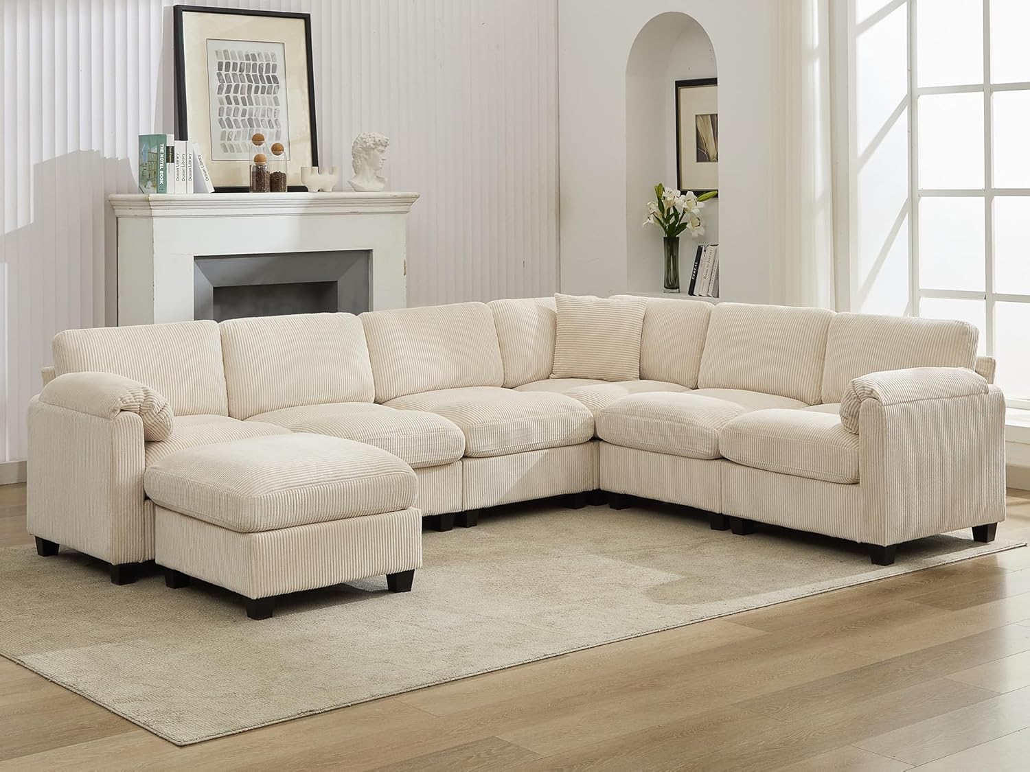 Shaped Modular Sectional Cloud Couch, Comfy Corduroy 4 Seater Sofa with Curved Armrest, Modern Deep Seat Modular Sofa for Living Room (Yellow, 3 Seat+1 Corner+1 Ottoman)