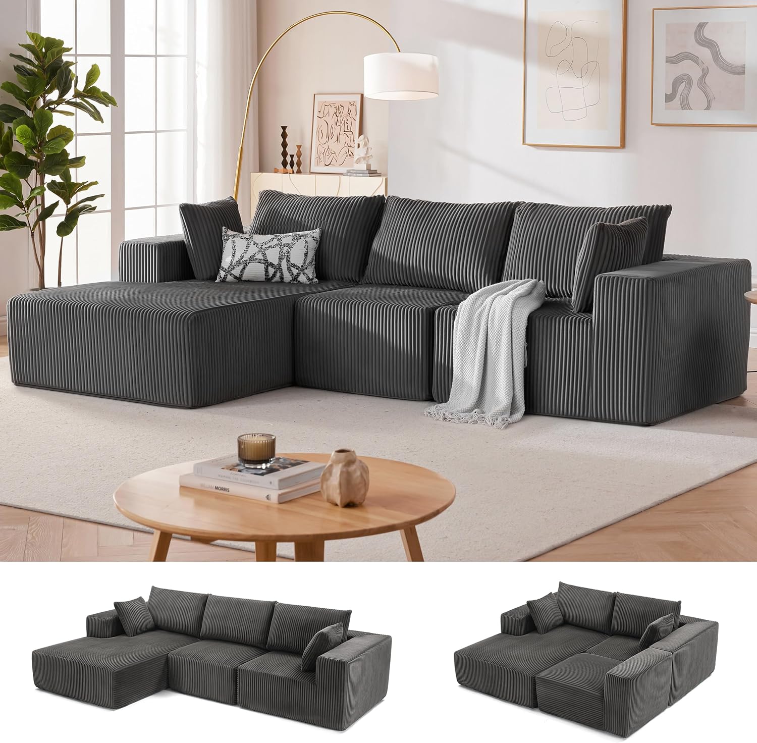 Couches for Living Room, Cloud Couch Sectional with Deep Seat, Comfy Couch with L-Shaped Chaise, Minimalist Upholstered Modular Sectional Sofa, No Assembly Required (Corduroy,Black)