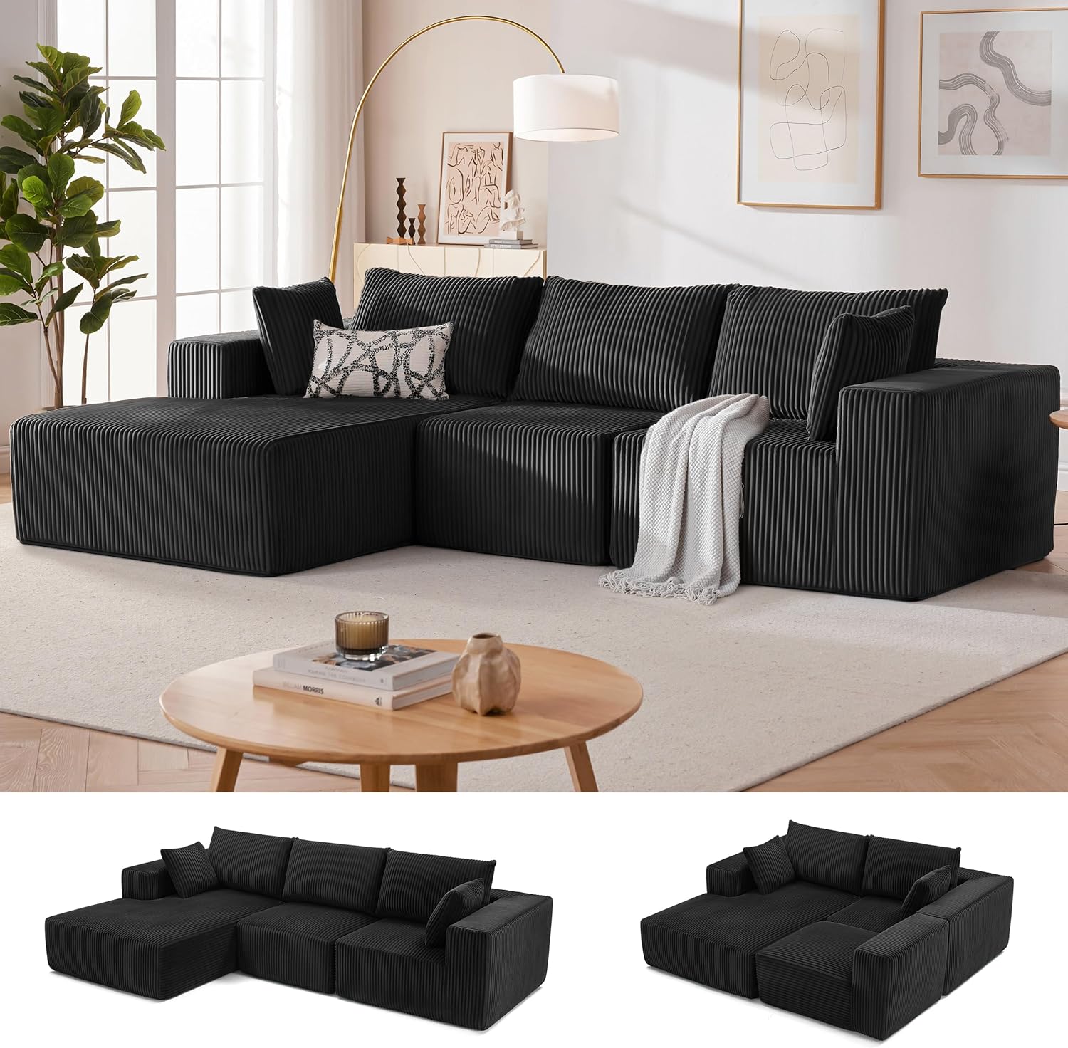 Couches for Living Room, Cloud Couch Sectional with Deep Seat, Comfy Couch with L-Shaped Chaise, Minimalist Upholstered Modular Sectional Sofa, No Assembly Required (Corduroy,Black)