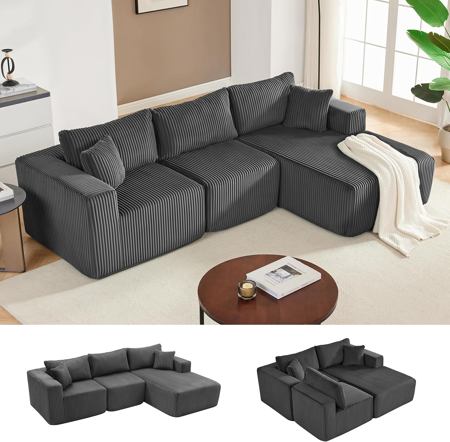 Couches for Living Room, Cloud Couch Sectional with Deep Seat, Comfy Couch with L-Shaped Chaise, Minimalist Upholstered Modular Sectional Sofa, No Assembly Required (Corduroy,Black)