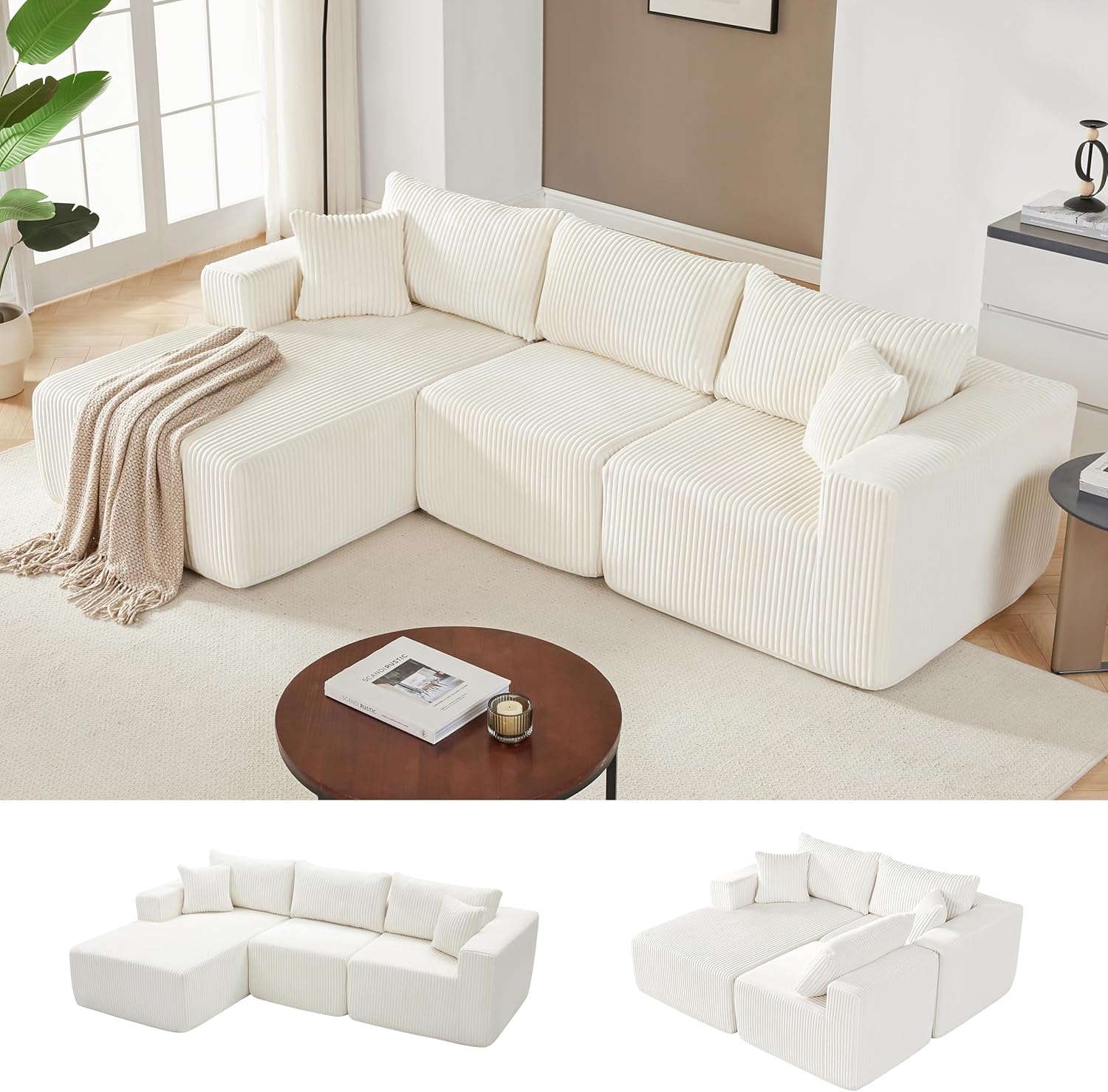 Couches for Living Room, Cloud Couch Sectional with Deep Seat, Comfy Couch with L-Shaped Chaise, Minimalist Upholstered Modular Sectional Sofa, No Assembly Required (Corduroy,Black)