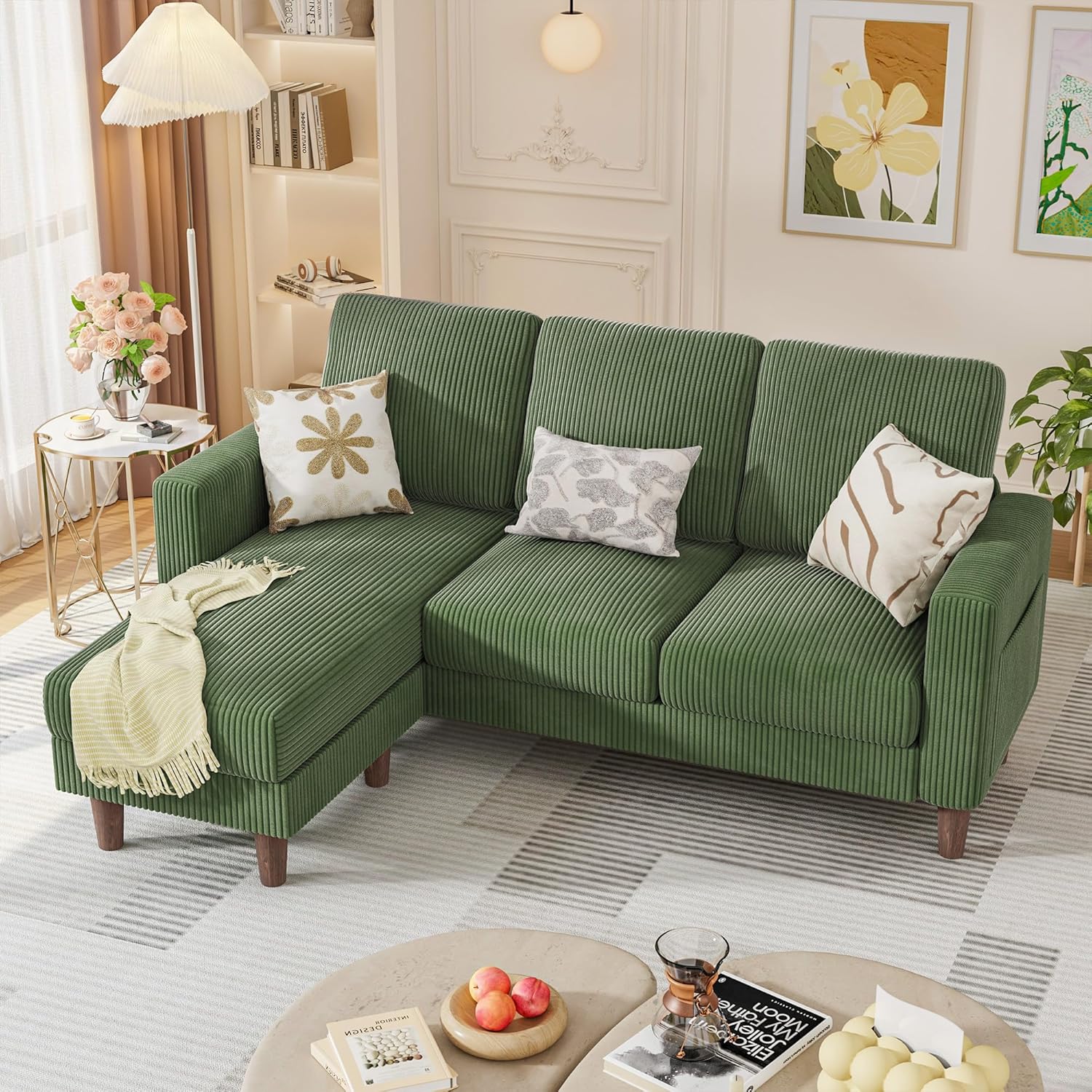 Convertible Couches for Living Room, Comfy 3 Seat L Shaped Couch with Removable Ottoman, Small Sectional Sofa with Side Storage Pocket for Apartment and Office (Linen Fabric, Brown)