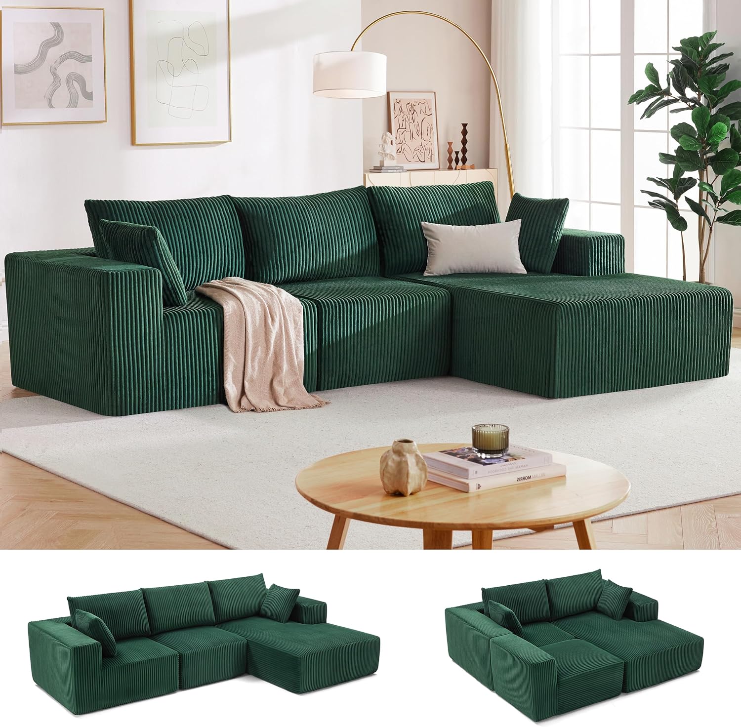 Couches for Living Room, Cloud Couch Sectional with Deep Seat, Comfy Couch with L-Shaped Chaise, Minimalist Upholstered Modular Sectional Sofa, No Assembly Required (Corduroy,Black)