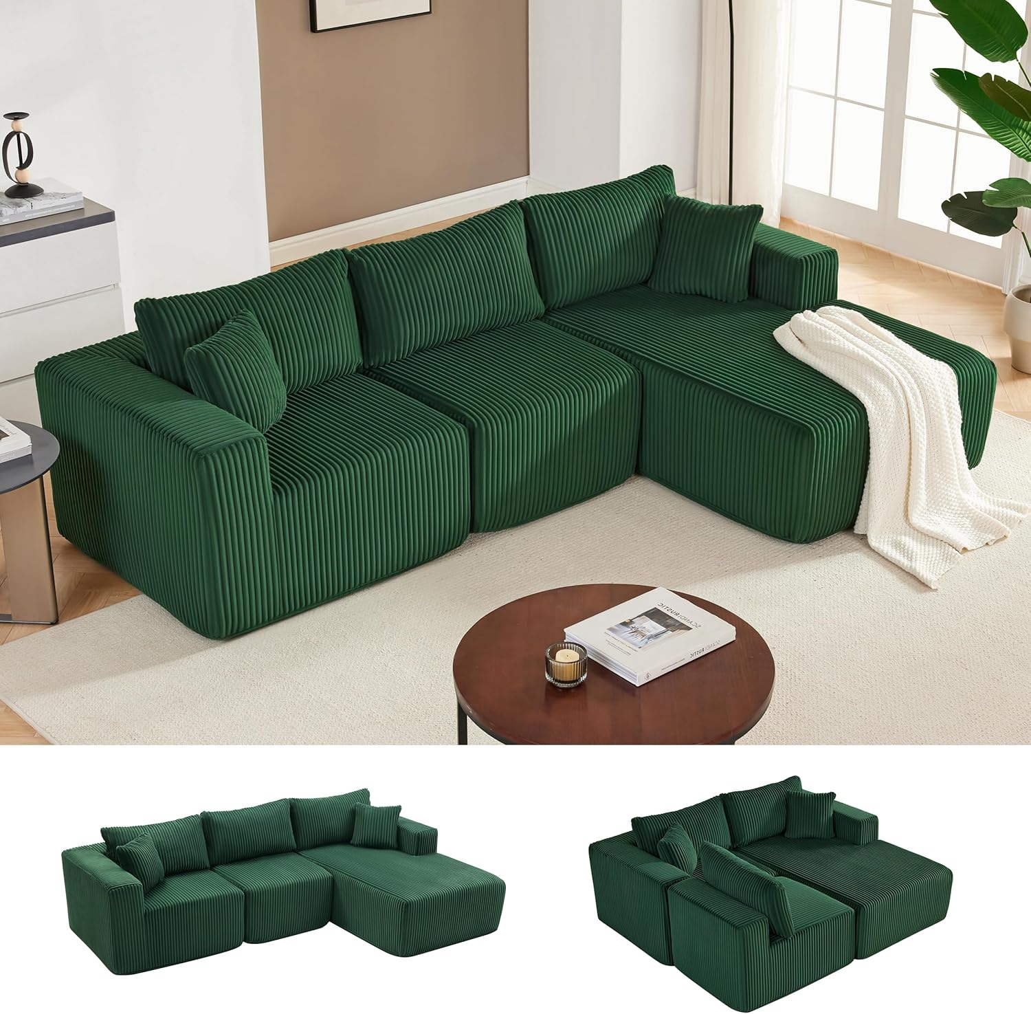 Couches for Living Room, Cloud Couch Sectional with Deep Seat, Comfy Couch with L-Shaped Chaise, Minimalist Upholstered Modular Sectional Sofa, No Assembly Required (Corduroy,Black)