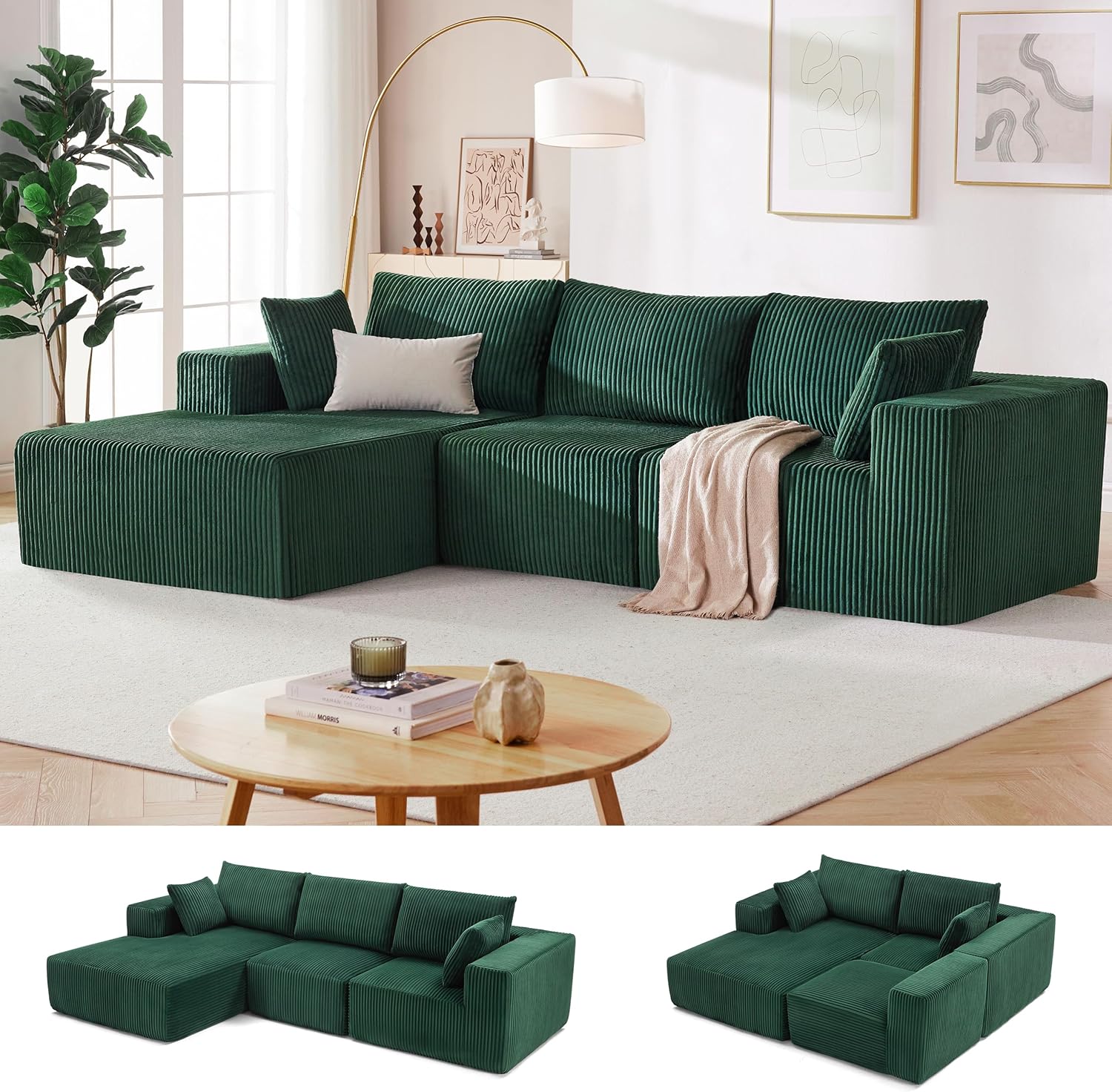 Couches for Living Room, Cloud Couch Sectional with Deep Seat, Comfy Couch with L-Shaped Chaise, Minimalist Upholstered Modular Sectional Sofa, No Assembly Required (Corduroy,Black)