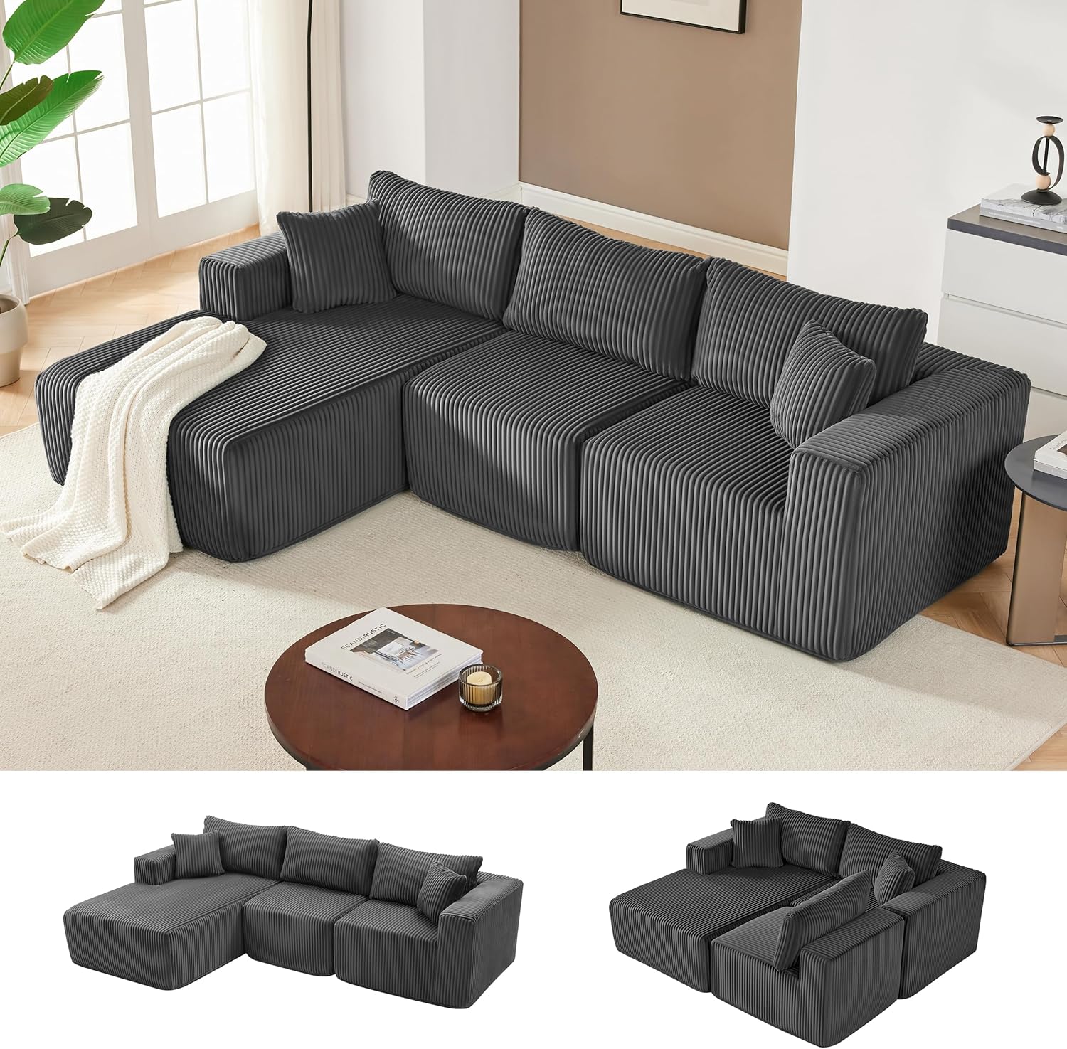 Couches for Living Room, Cloud Couch Sectional with Deep Seat, Comfy Couch with L-Shaped Chaise, Minimalist Upholstered Modular Sectional Sofa, No Assembly Required (Corduroy,Black)