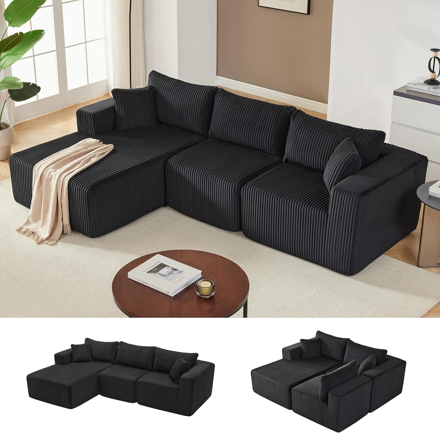 Couches for Living Room, Cloud Couch Sectional with Deep Seat, Comfy Couch with L-Shaped Chaise, Minimalist Upholstered Modular Sectional Sofa, No Assembly Required (Corduroy,Black)