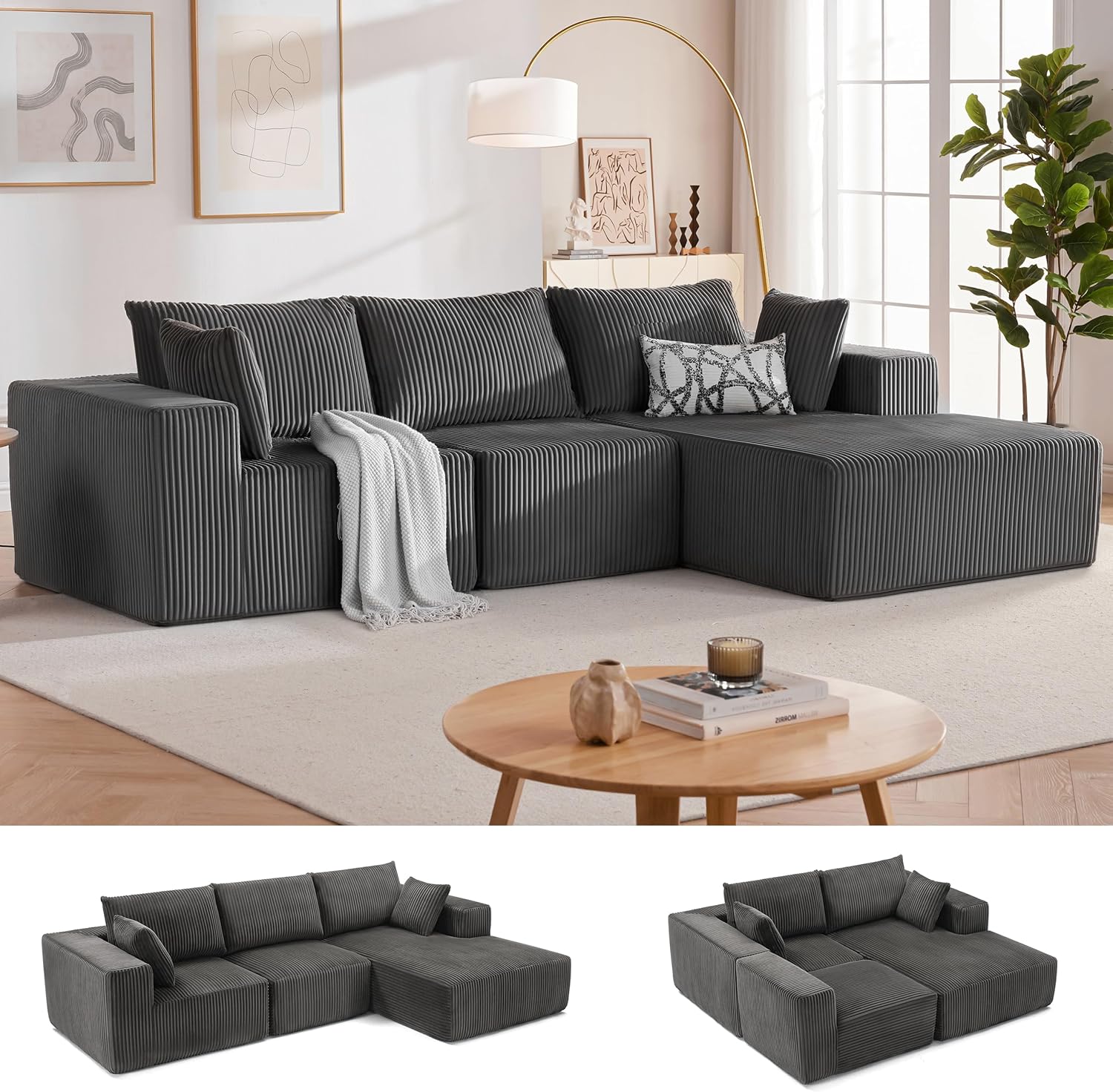 Couches for Living Room, Cloud Couch Sectional with Deep Seat, Comfy Couch with L-Shaped Chaise, Minimalist Upholstered Modular Sectional Sofa, No Assembly Required (Corduroy,Black)