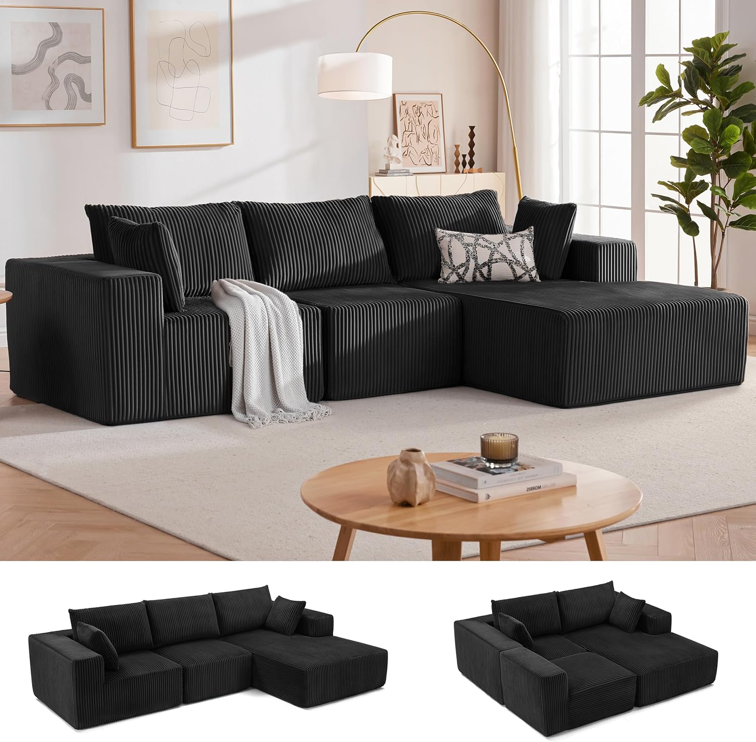 Couches for Living Room, Cloud Couch Sectional with Deep Seat, Comfy Couch with L-Shaped Chaise, Minimalist Upholstered Modular Sectional Sofa, No Assembly Required (Corduroy,Black)