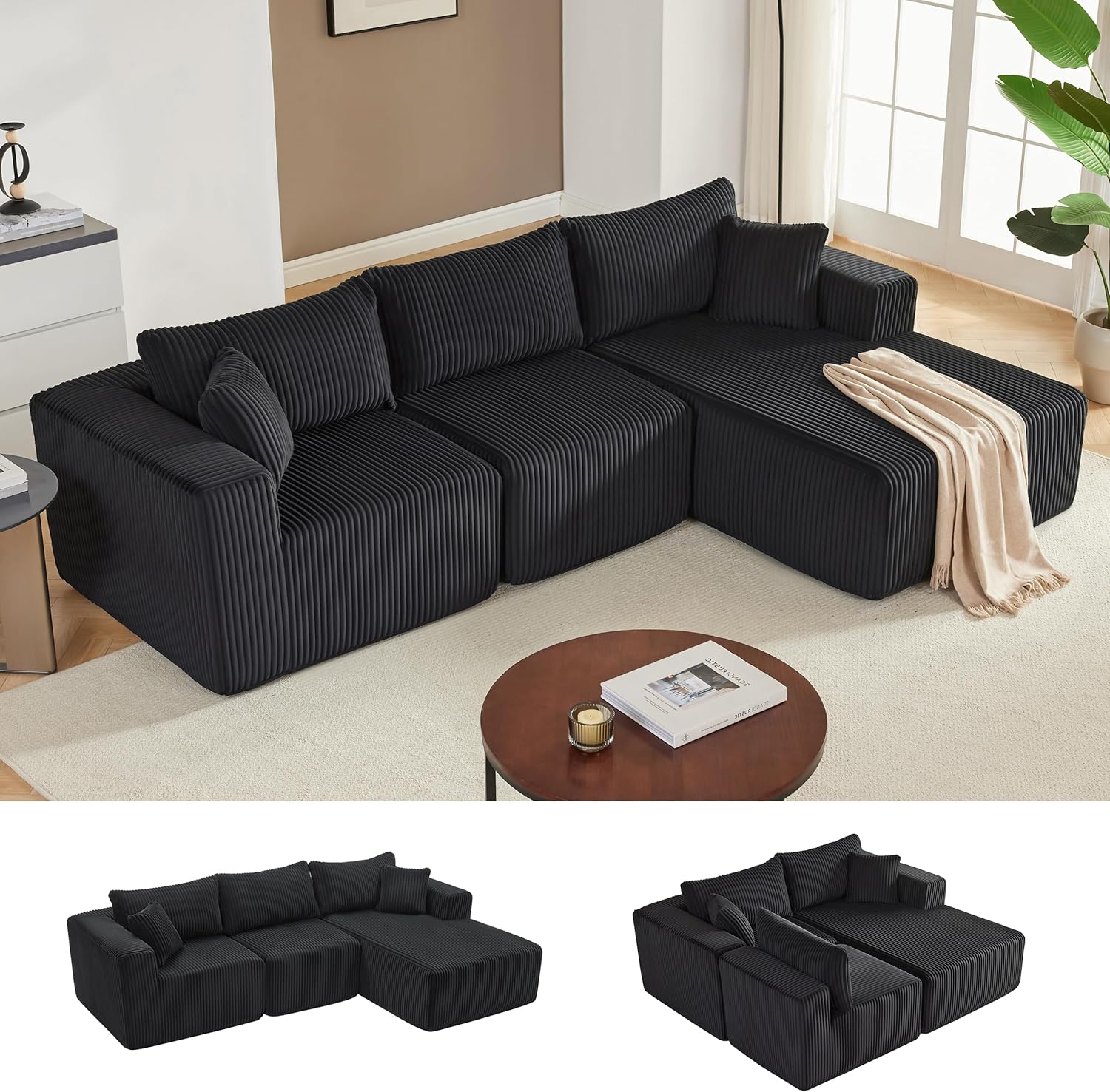 Couches for Living Room, Cloud Couch Sectional with Deep Seat, Comfy Couch with L-Shaped Chaise, Minimalist Upholstered Modular Sectional Sofa, No Assembly Required (Corduroy,Black)